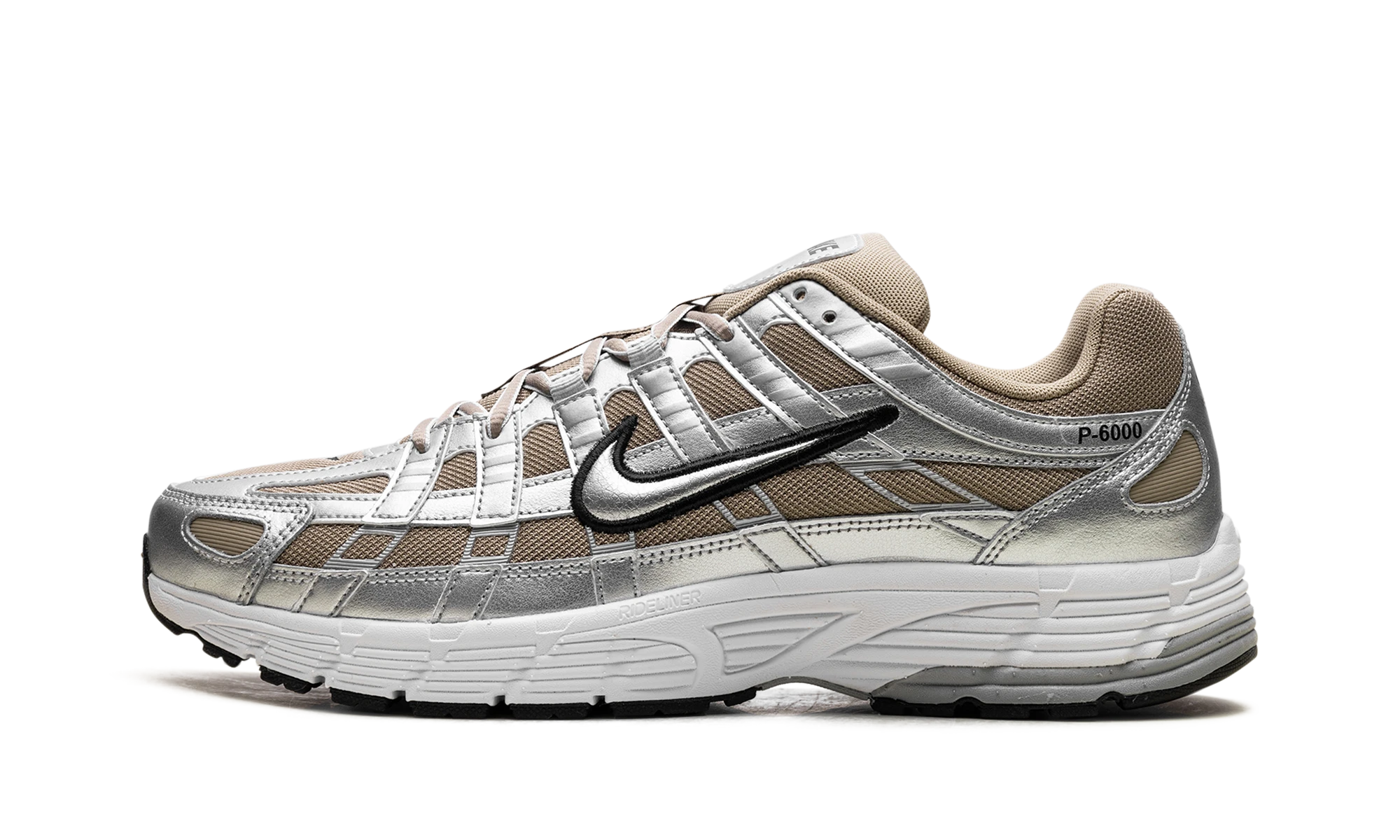 Sneaker Nike P-6000 Khaki Metallic Silver in leather beige and silver, available in Europe — outer profile view.