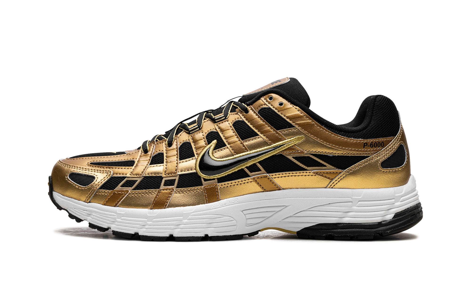Sneaker Nike P-6000 Metallic Gold Infinite Gold White Black in leather gold, white and black, available in Europe — outer profile view.