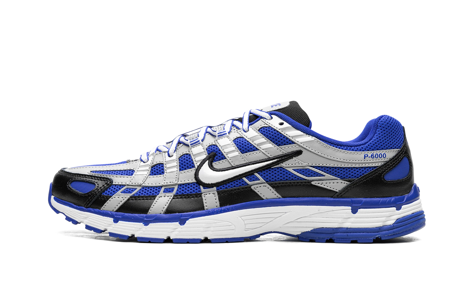 Sneaker Nike P-6000 Racer Blue Flat Silver in leather blue, black and silver, available in Europe — outer profile view.