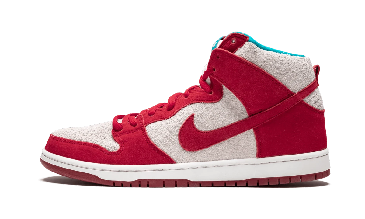 Sapatilha Nike SB Dunk High Dr. Seuss (305050-661) em couro vermelho e branco — vista de perfil exterior.