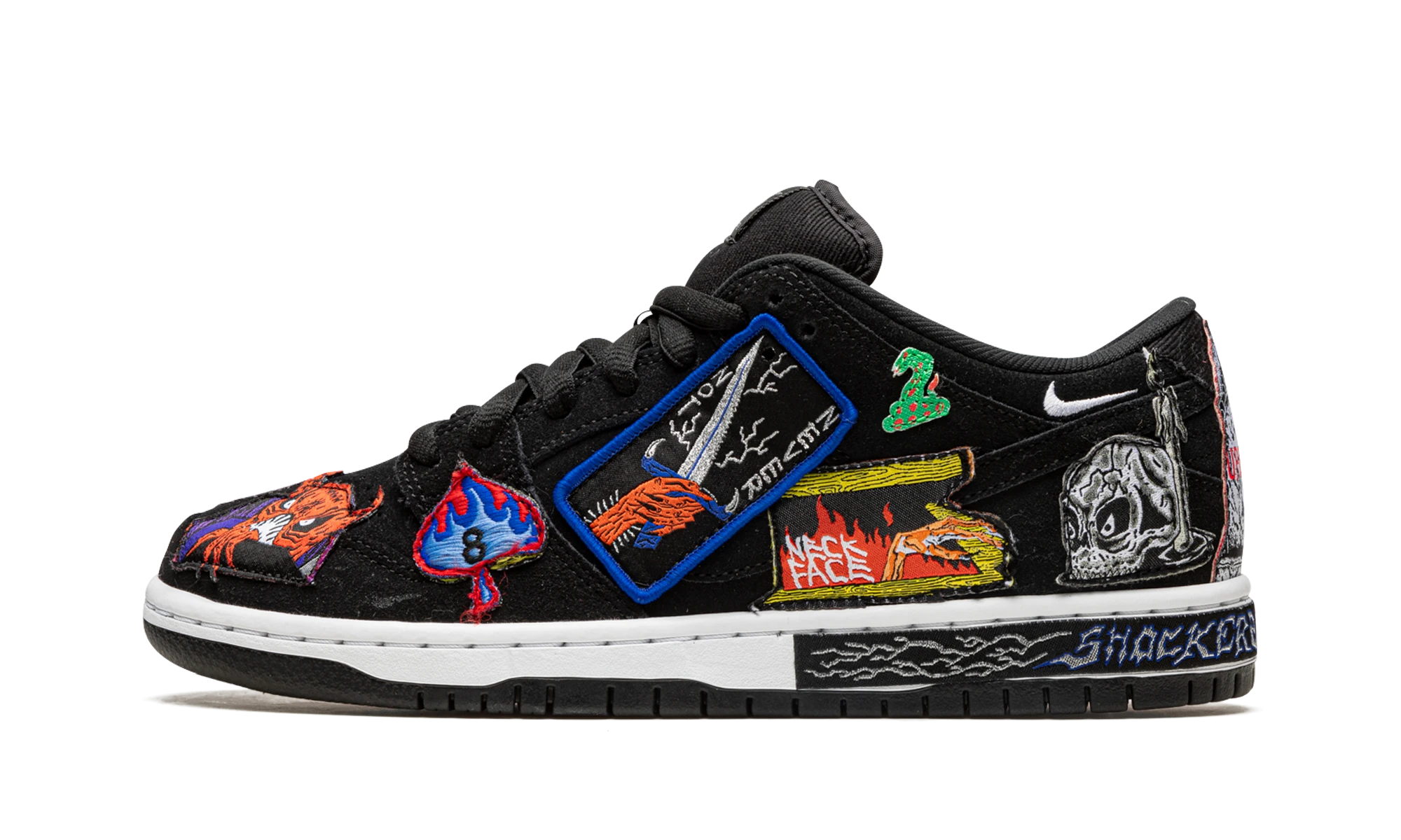 Sneaker Nike SB Dunk Low Pro QS Neckface (DQ4488-001) in leather black and white — outer profile view.