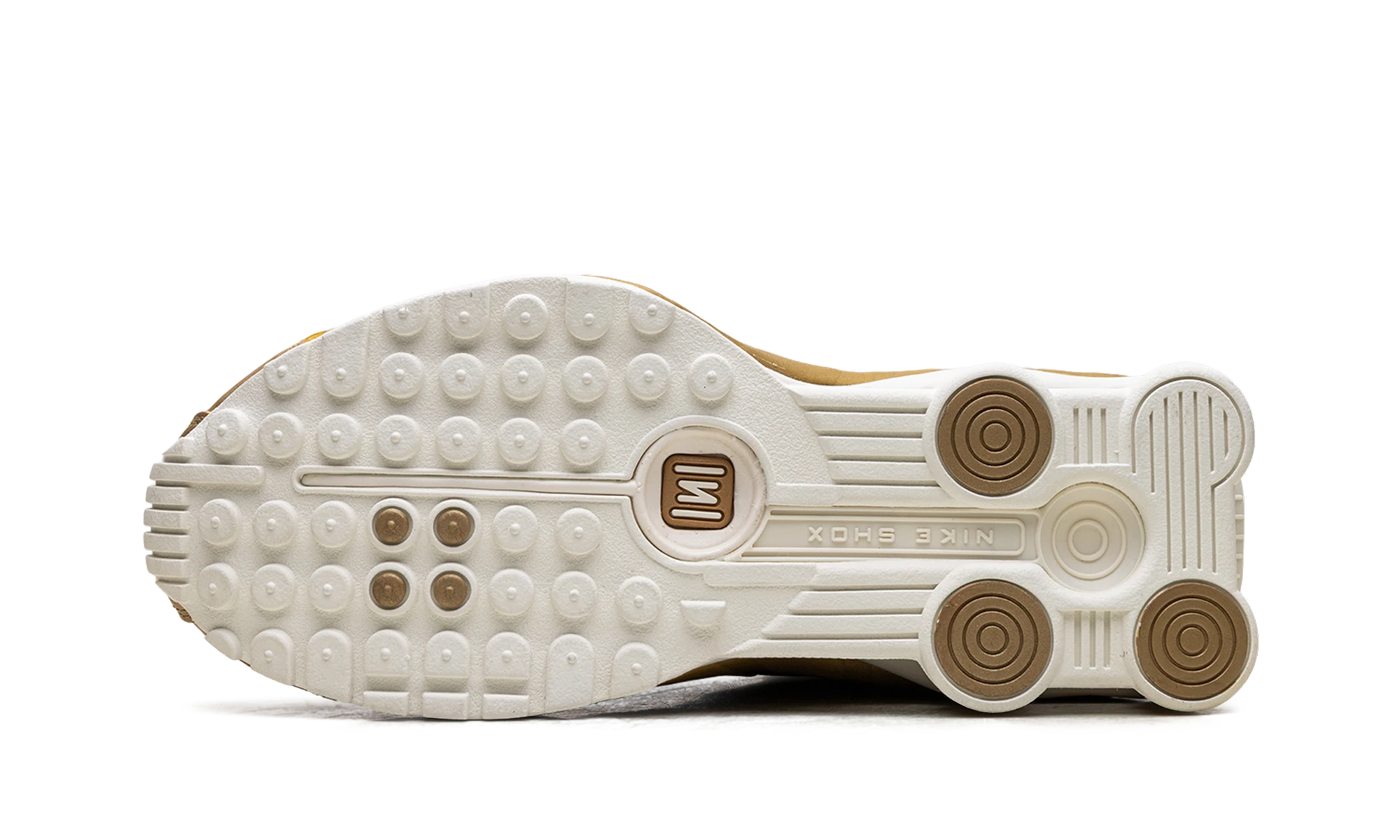 Outer rubber sole of the Nike Shox R4 Metallic Gold (AR3565-010).