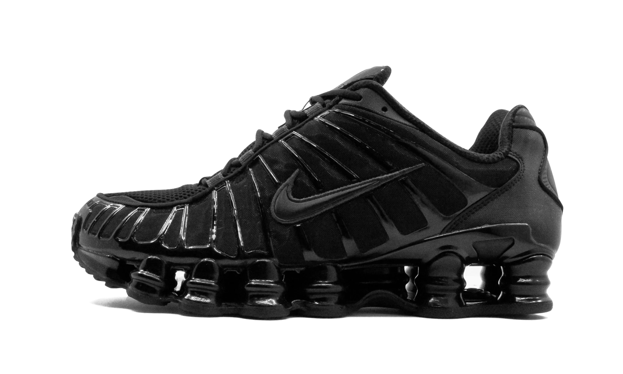 Sneaker Nike Shox TL Black Metallic Hematite (AV3595-002) in leather black and orange — outer profile view.