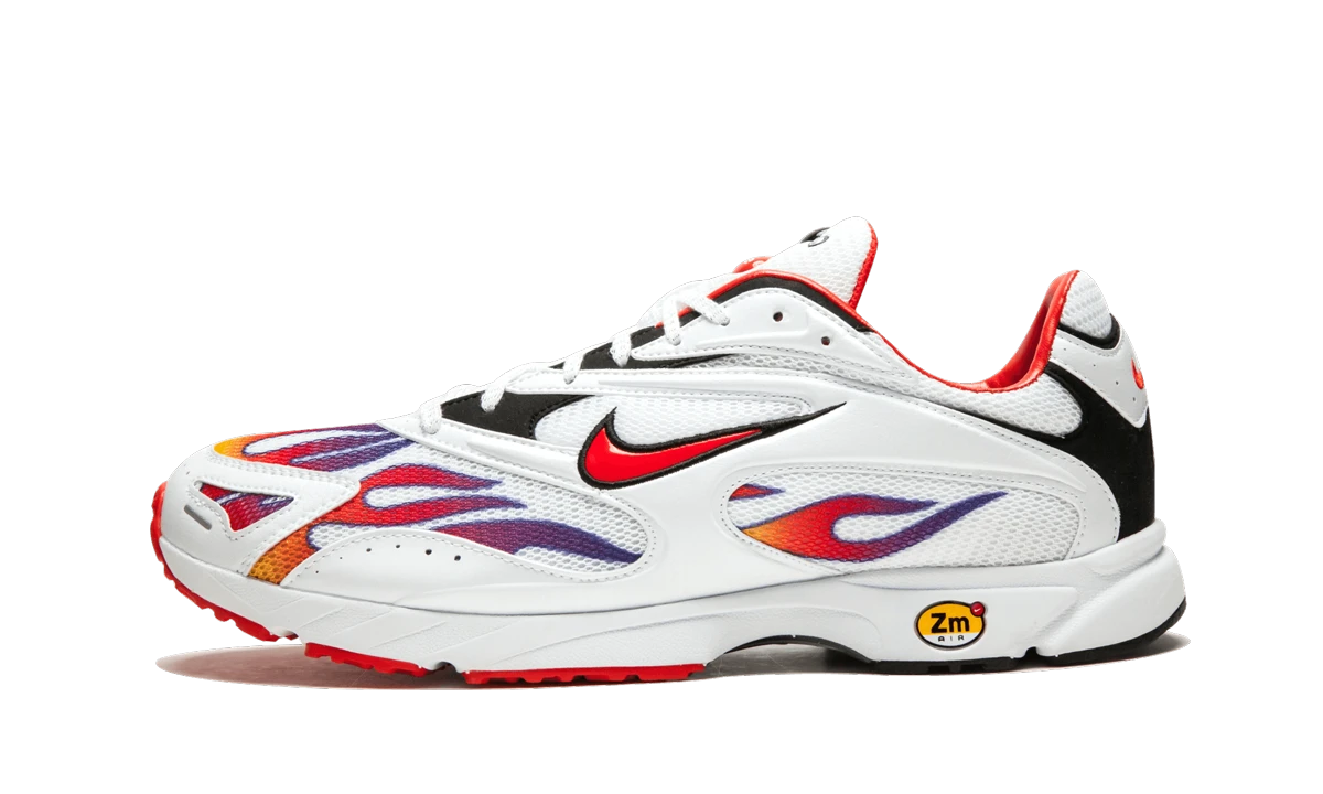 Sneaker Nike Zoom Streak Spectrum Plus Supreme White in leather white, red and black, available in Europe — outer profile view.