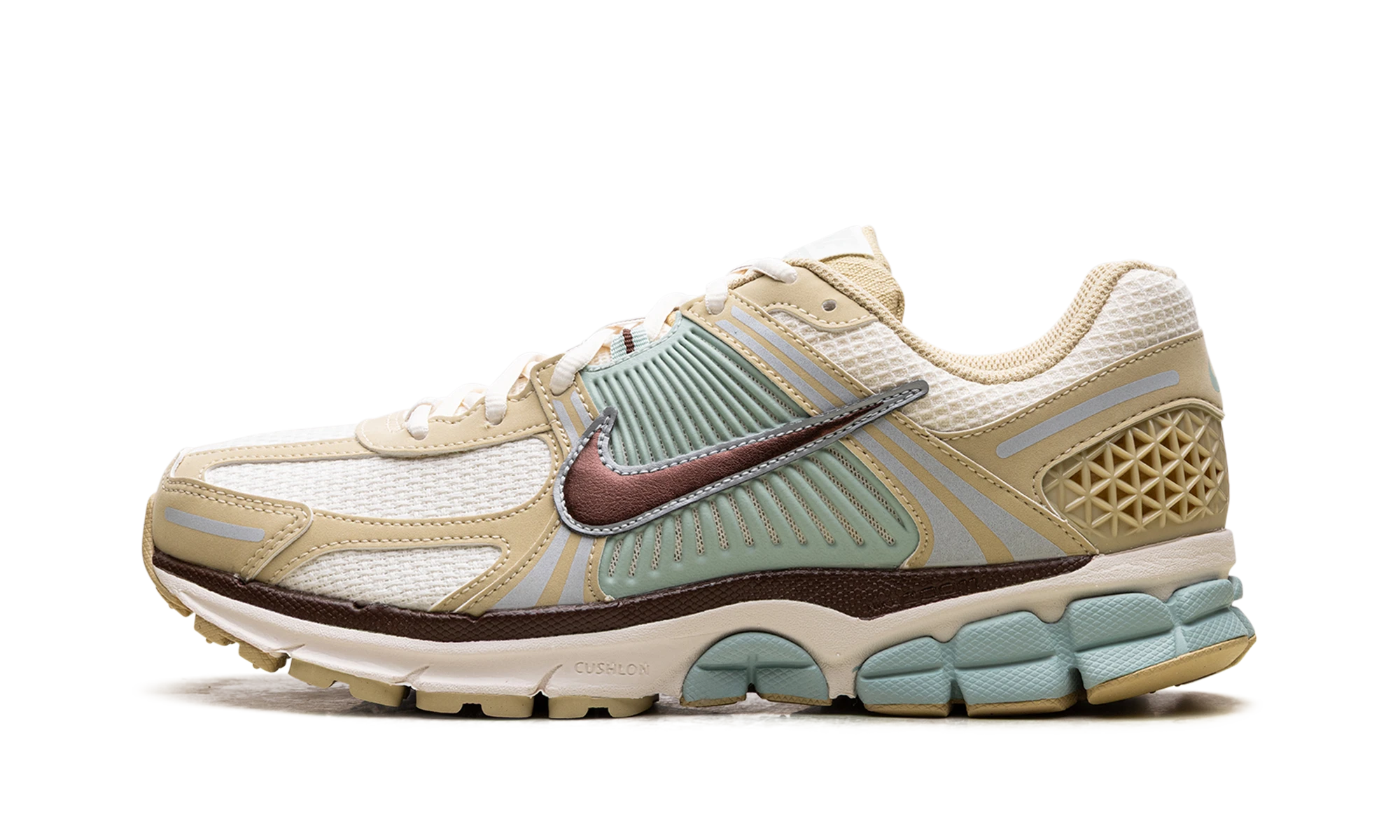 Sneaker Nike Zoom Vomero 5 Team Gold Seafoam (IB2987-700) in leather gold, white and brown — outer profile view.