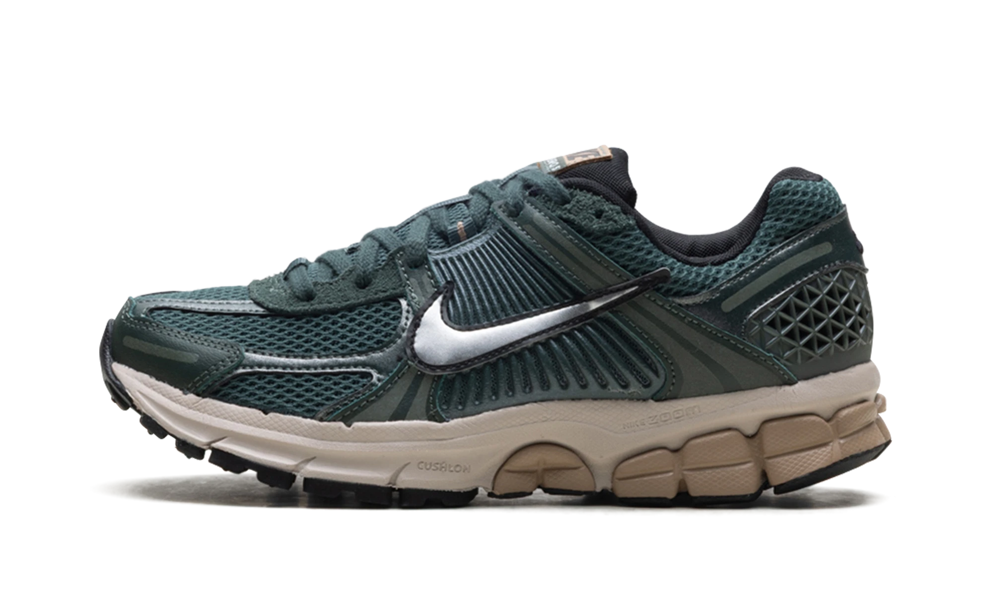 Sneaker Nike Zoom Vomero 5 Vintage Green Light Orewood Brown Hemp Chrome (FN6742-300) in leather green and brown — outer profile view.