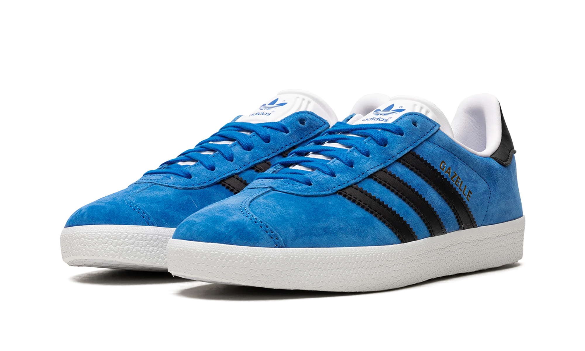 Detail of the inner side of the sneaker Adidas Gazelle Blue Bird Core Black (IG0666) bleu, noir et blanc.