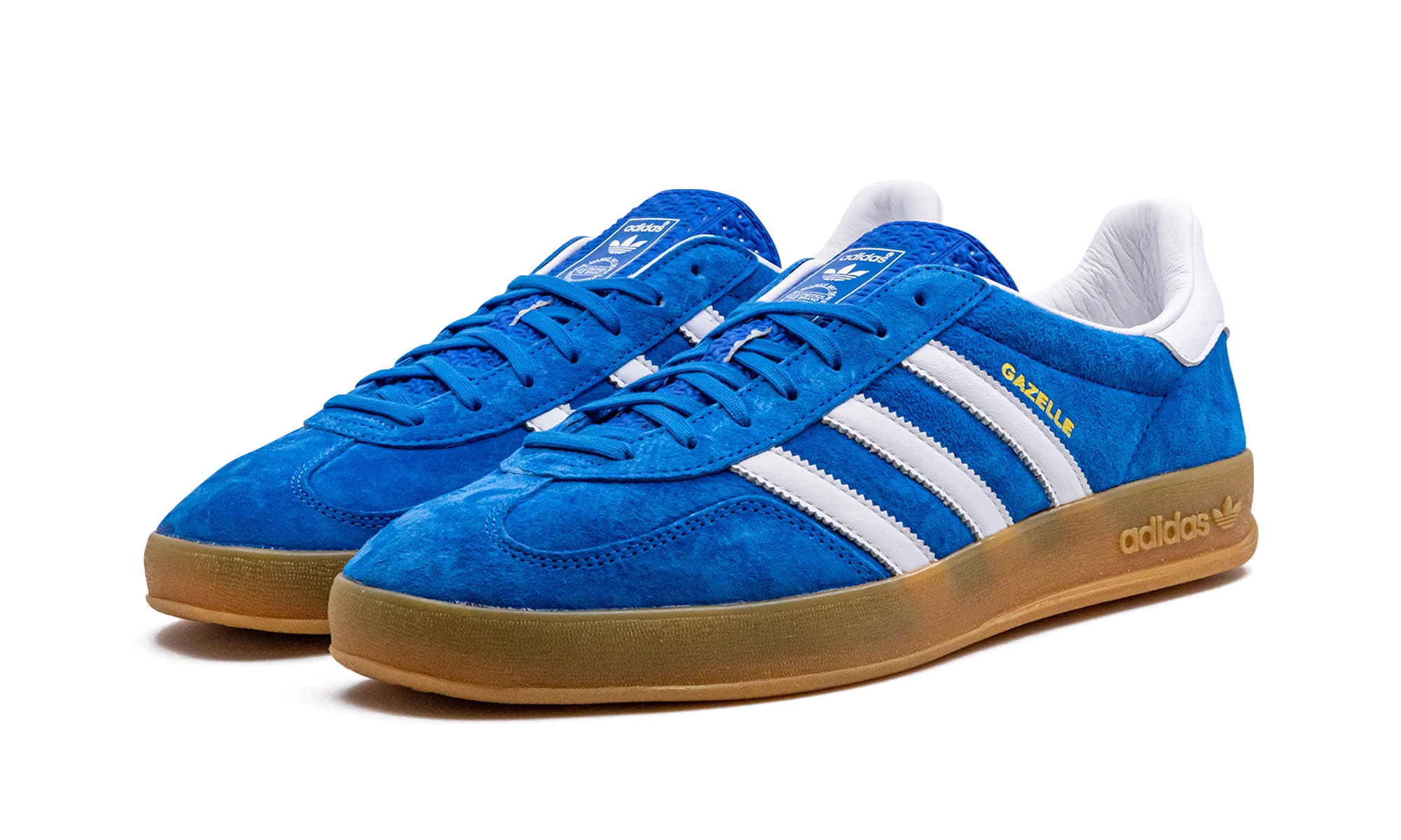 Detail vnitřní strany tenisky Adidas Gazelle Indoor Blue Bird Gum (H06260) bleu, blanc et marron.