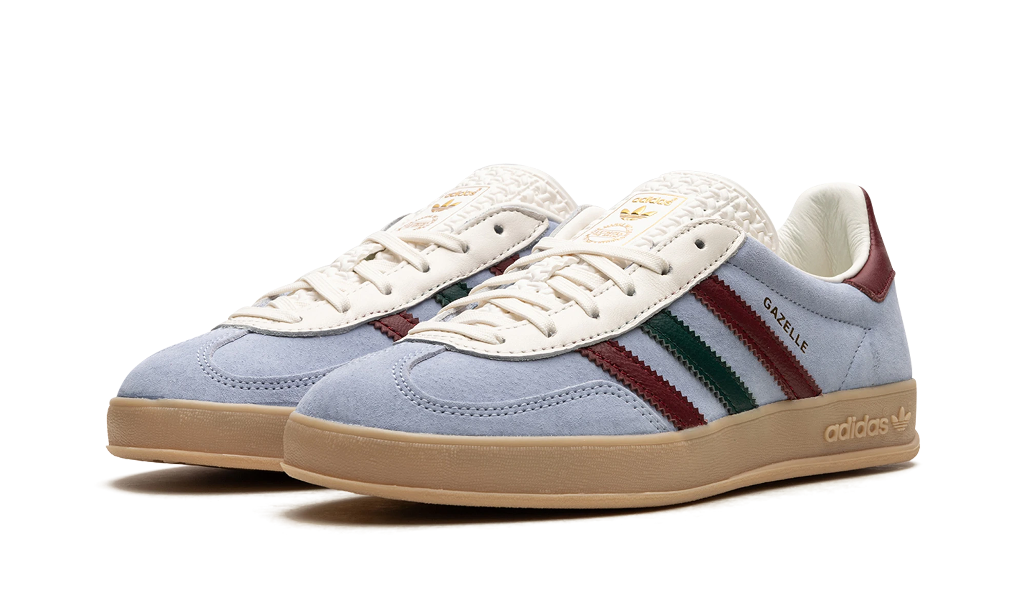Detail vnitřní strany tenisky Adidas Gazelle Indoor Blue Dawn Collegiate Burgundy (IG4994) bleu, marron et vert.
