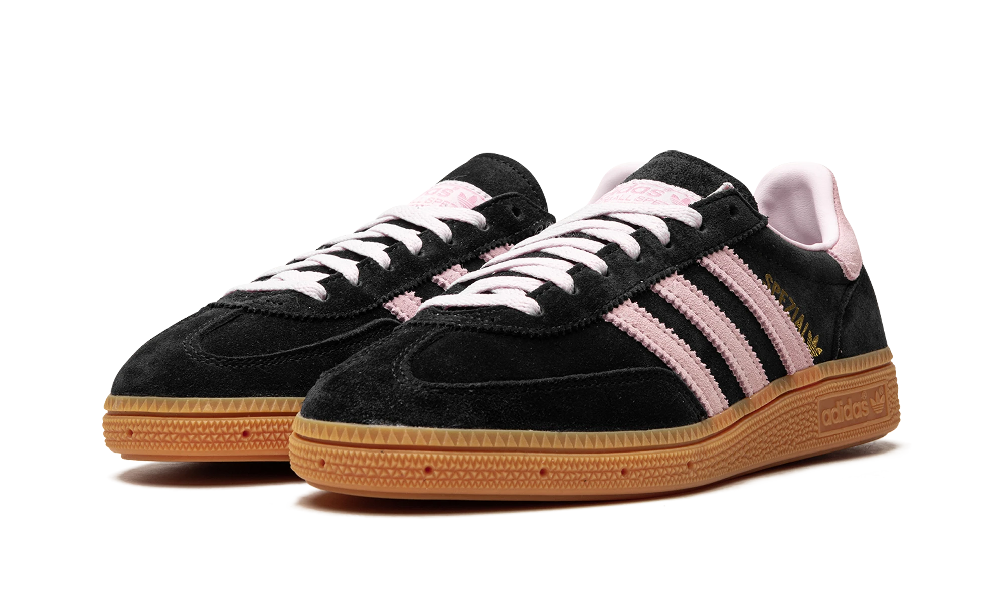 Detail of the inner side of the sneaker Adidas Handball Spezial Core Black Clear Pink Gum (IE5897) noir, rose et marron.