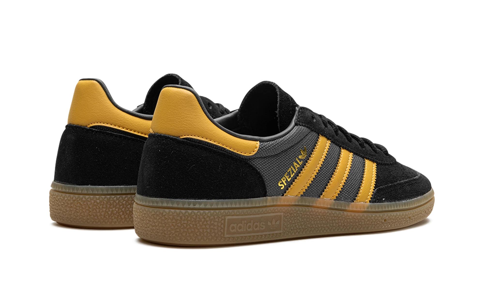 Vue arrière de la paire de sneakers Adidas Handball Spezial Core Black Preloved Yellow neuve et authentique.