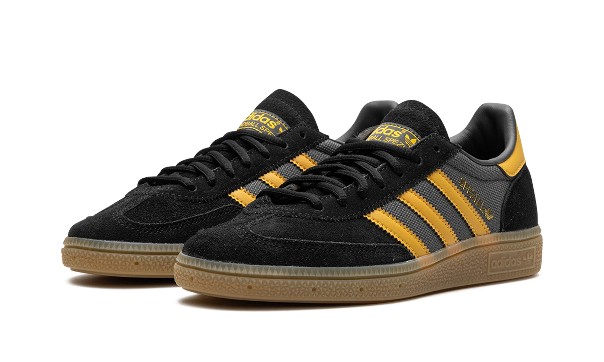 Vue de face de la paire de sneakers Adidas Handball Spezial Core Black Preloved Yellow multicolore.