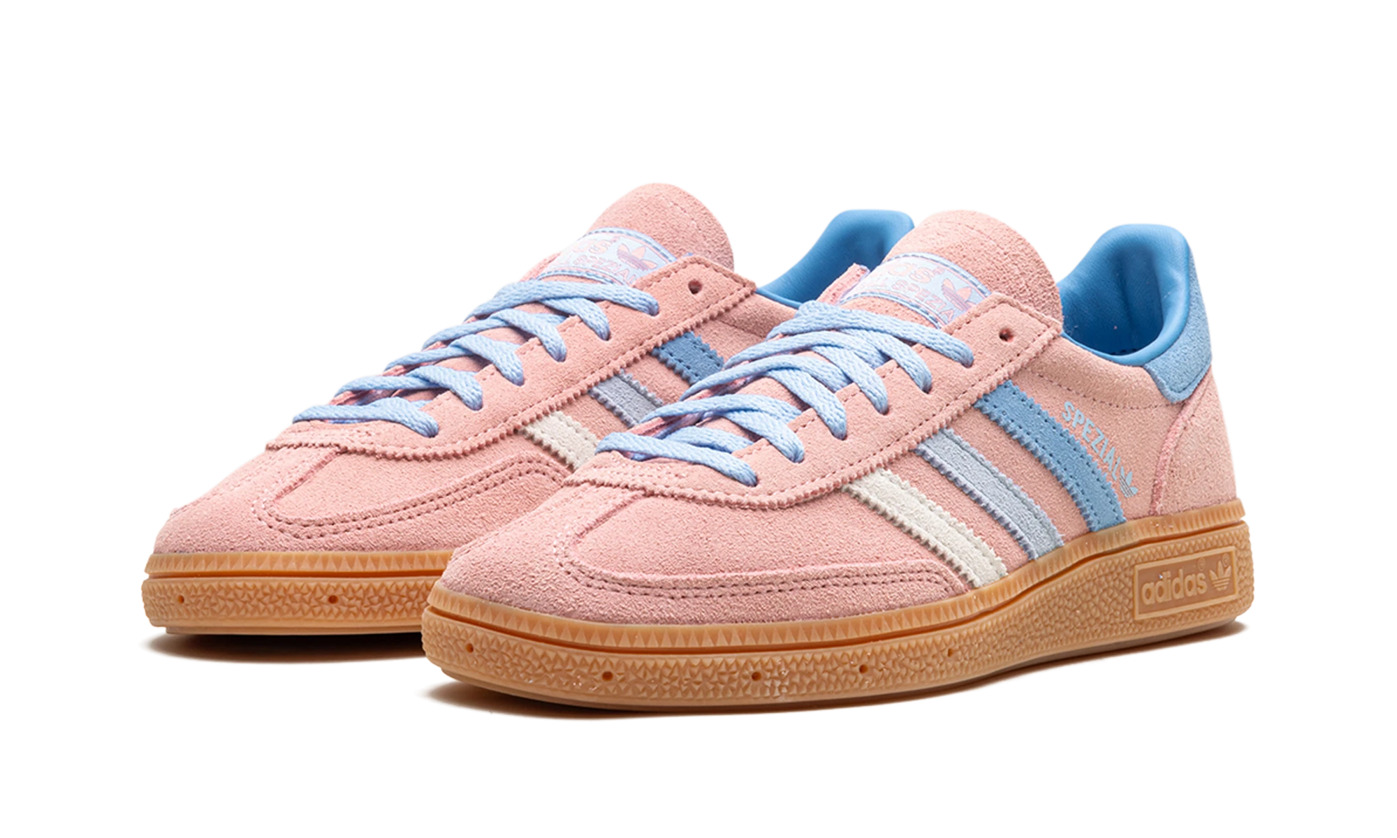 Detail of the inner side of the sneaker Adidas Handball Spezial Semi Pink Spark (IG1974) rose et bleu.