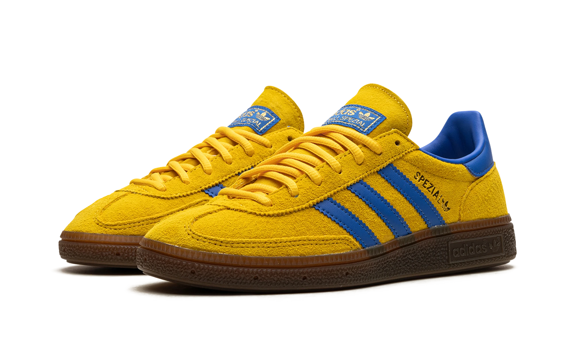 Detail of the inner side of the sneaker Adidas Handball Spezial Wonder Glow (FV1226) bleu et marron.