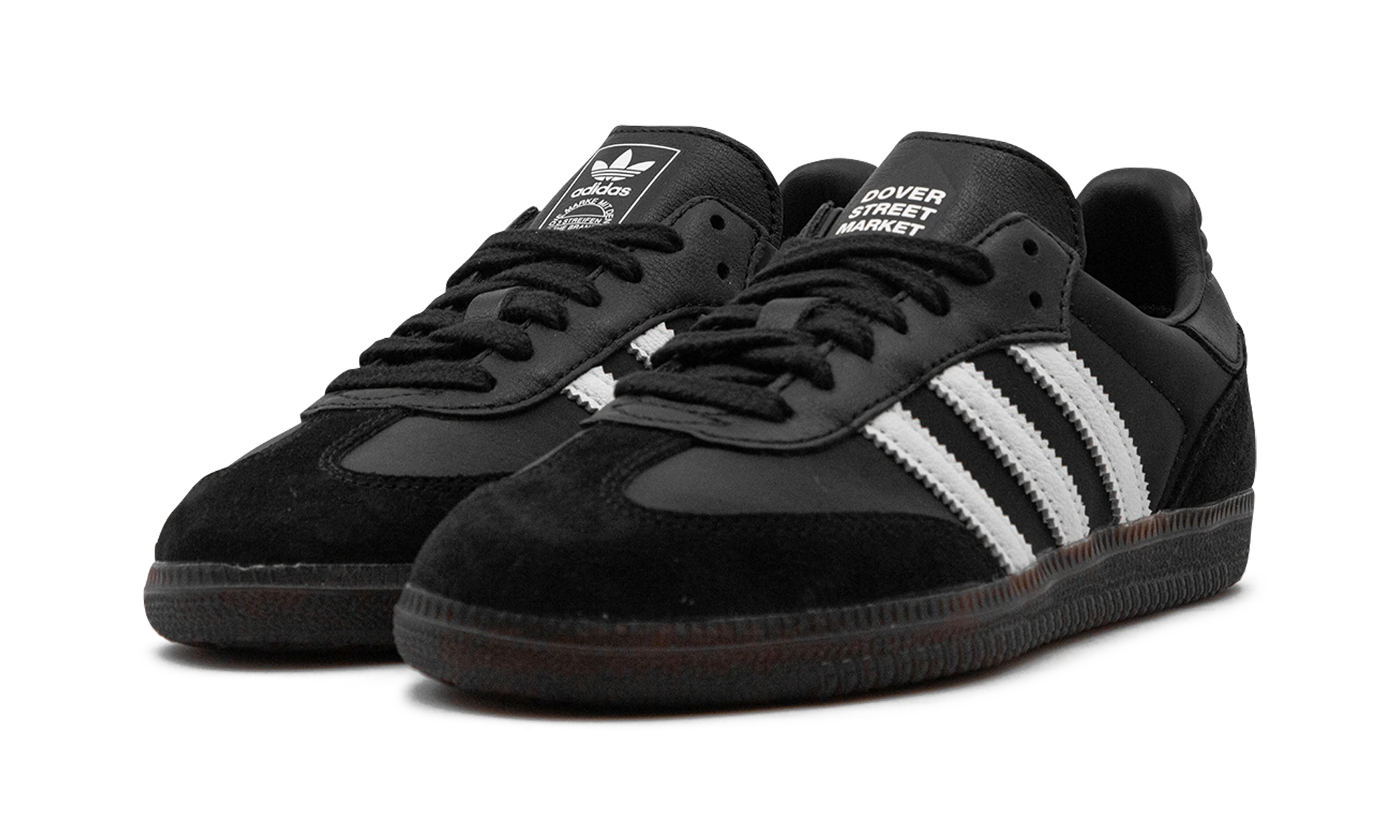 Dettaglio del lato interno della scarpa Adidas Samba Dover Street Market Black (IH4979) noir, blanc et marron.