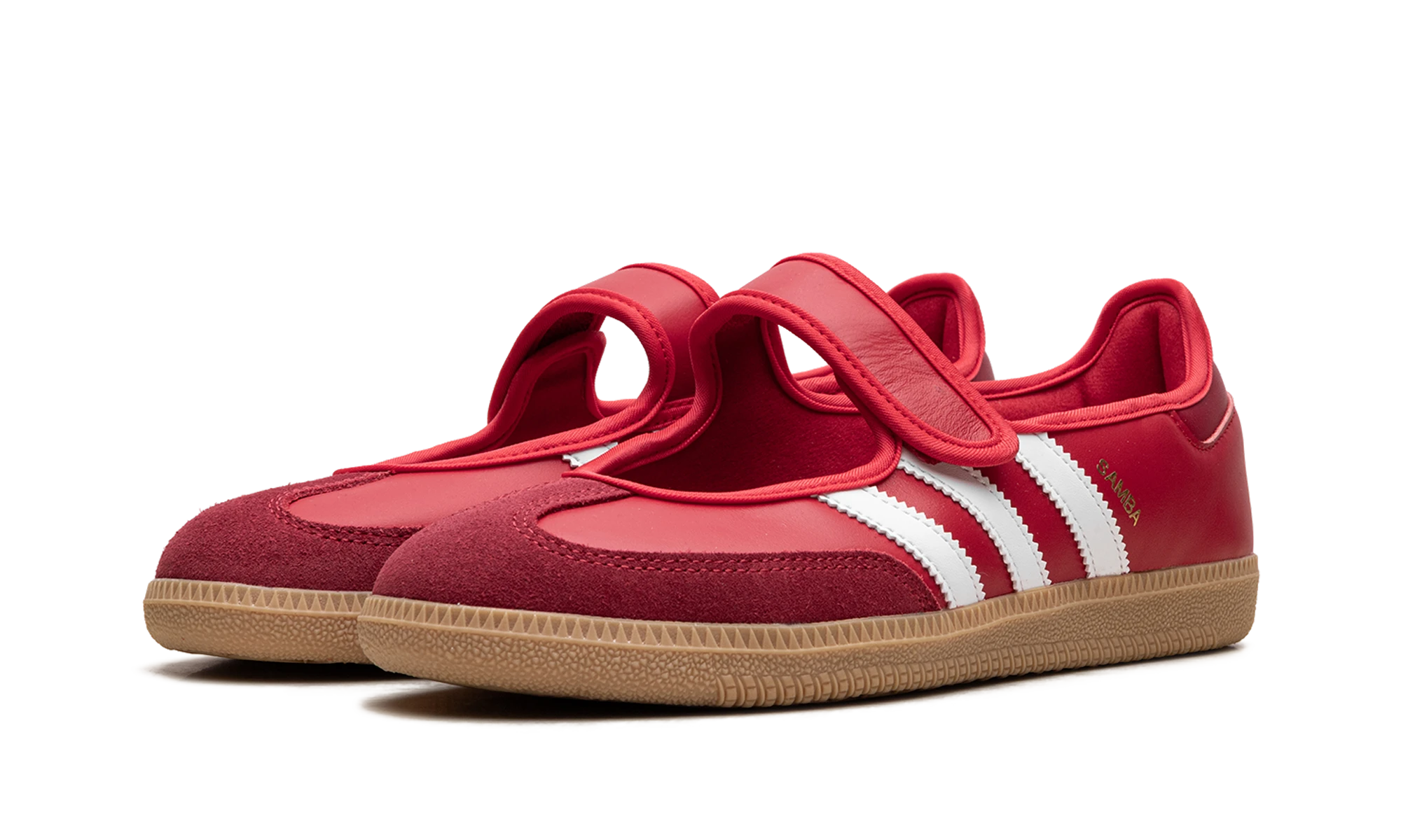 Dettaglio del lato interno della scarpa Adidas Samba Jane Scarlet White Gum (JQ6446) rouge, marron et blanc.