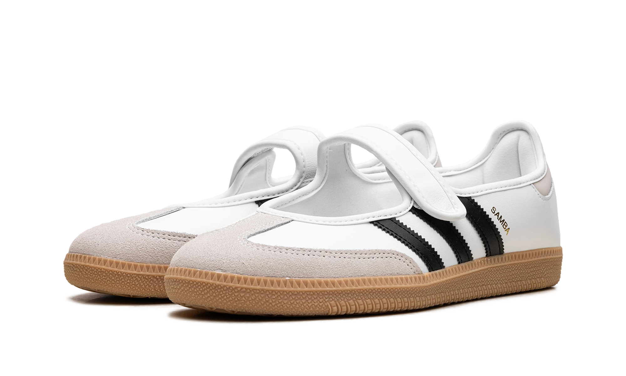 Dettaglio del lato interno della scarpa Adidas Samba Jane White Black Gum (JR1402) blanc, noir et marron.