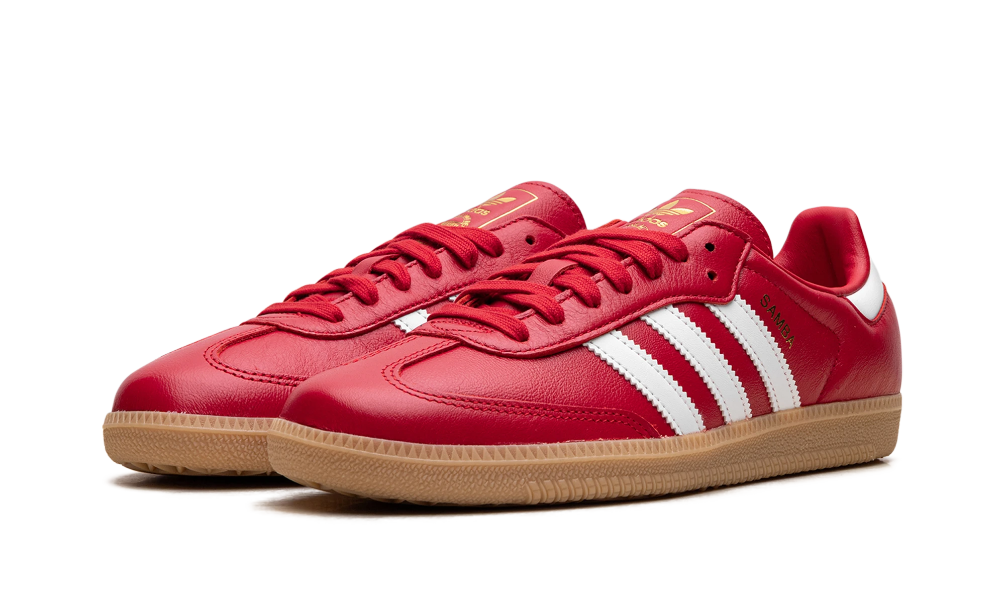 Dettaglio del lato interno della scarpa Adidas Samba OG Better Scarlet White (JR0881) rouge, blanc et marron.