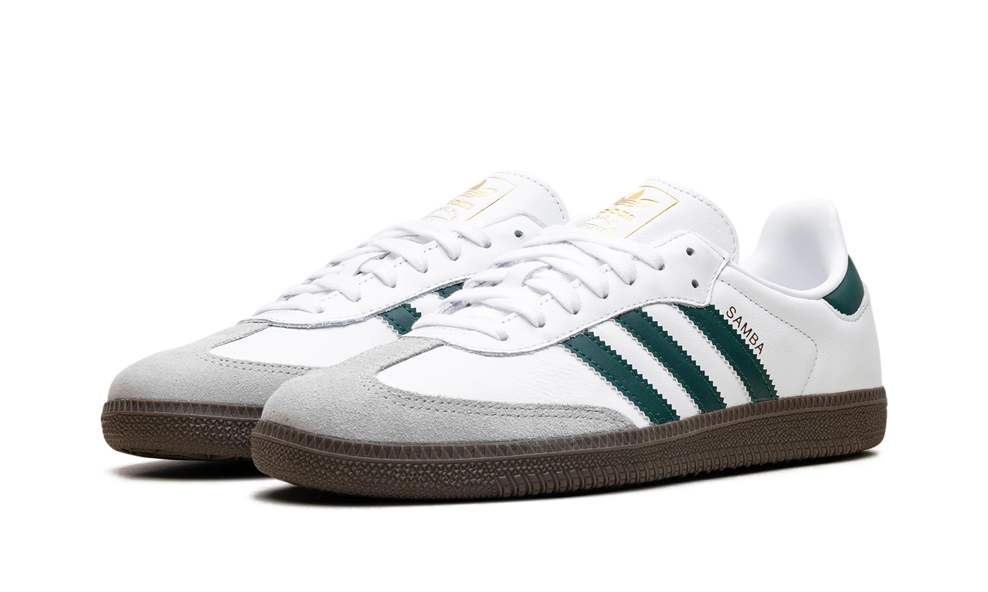 Dettaglio del lato interno della scarpa Adidas Samba OG Cloud White Collegiate Green (JH8797) blanc, vert et gris.