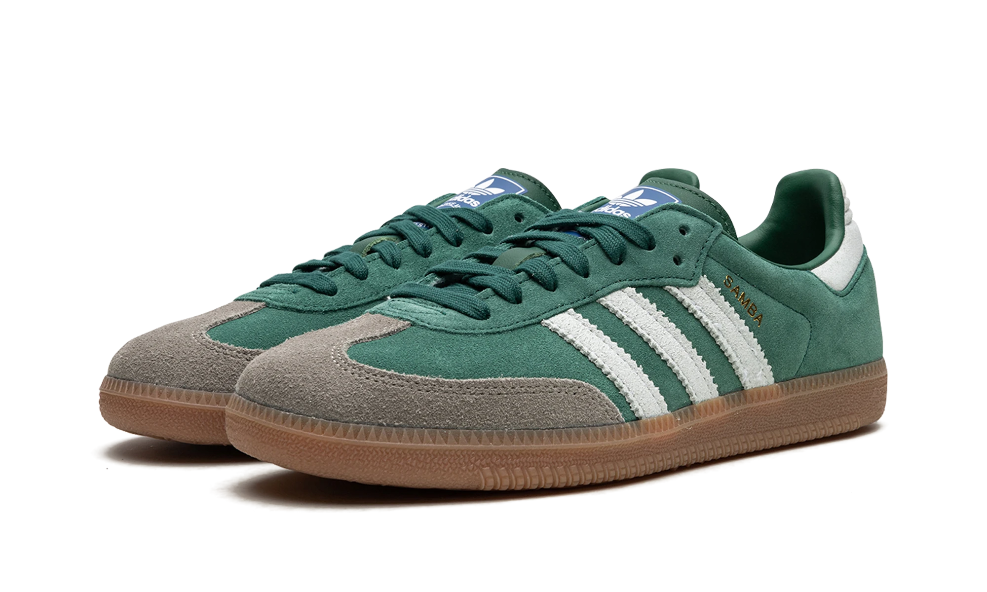 Detail of the inner side of the sneaker Adidas Samba OG Collegiate Green Gum Grey Toe (ID2054) vert, blanc et marron.