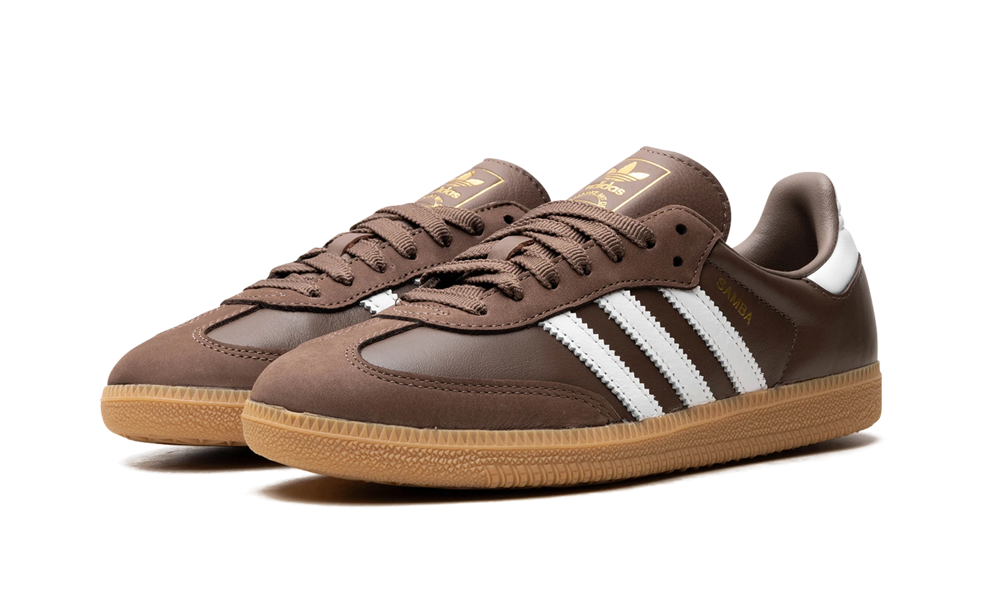 Detail of the inner side of the sneaker Adidas Samba OG Earth Strata Gum (IE6522) blanc, or et marron.