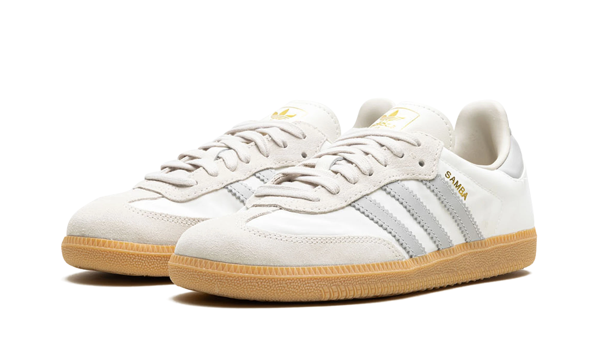 Detail van de binnenkant van de sneaker Adidas Samba OG Off White Alluminum (ID1448) blanc et gris.