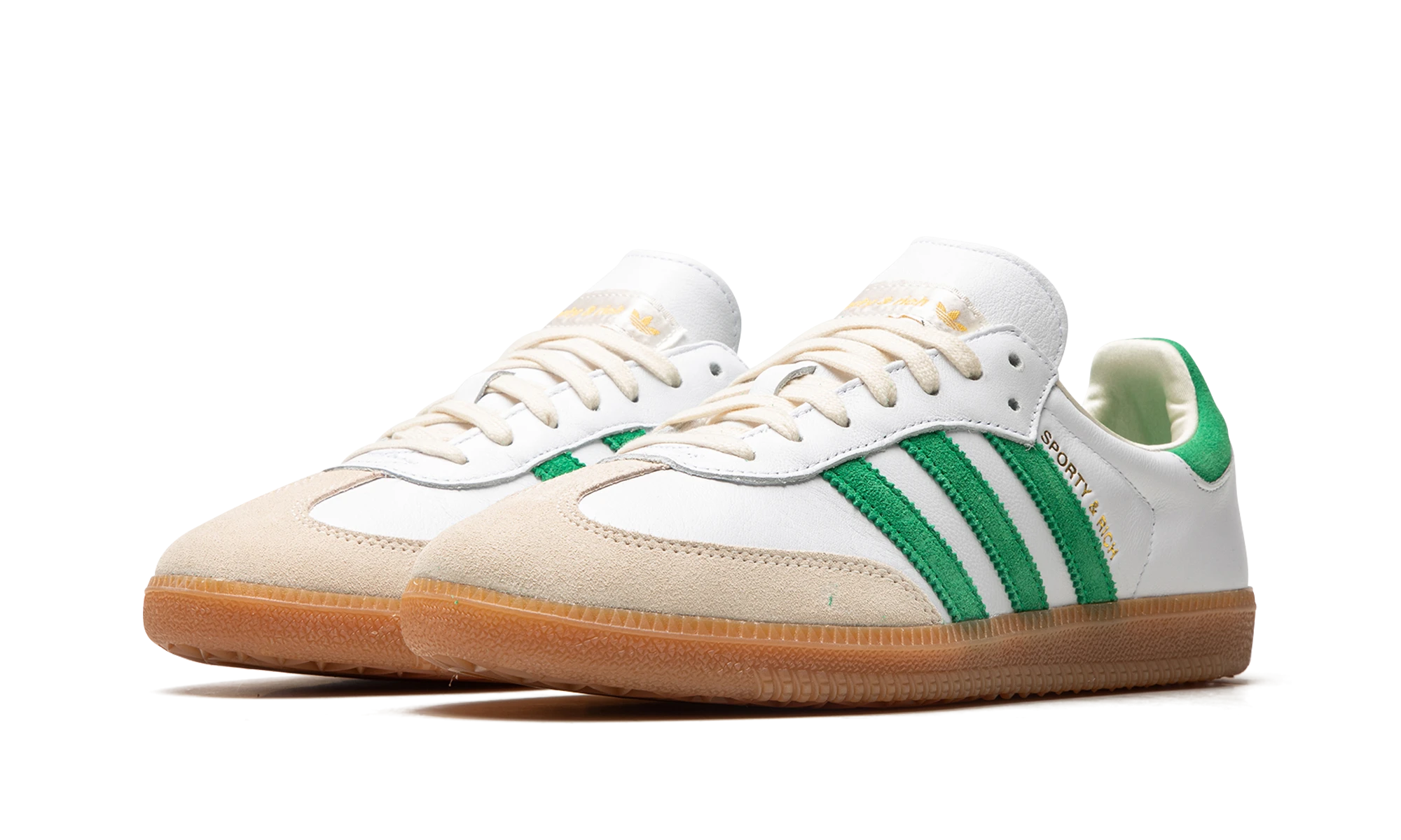 Detail of the inner side of the sneaker Adidas Samba OG Sporty & Rich White Green (HQ6075) blanc, vert et marron.