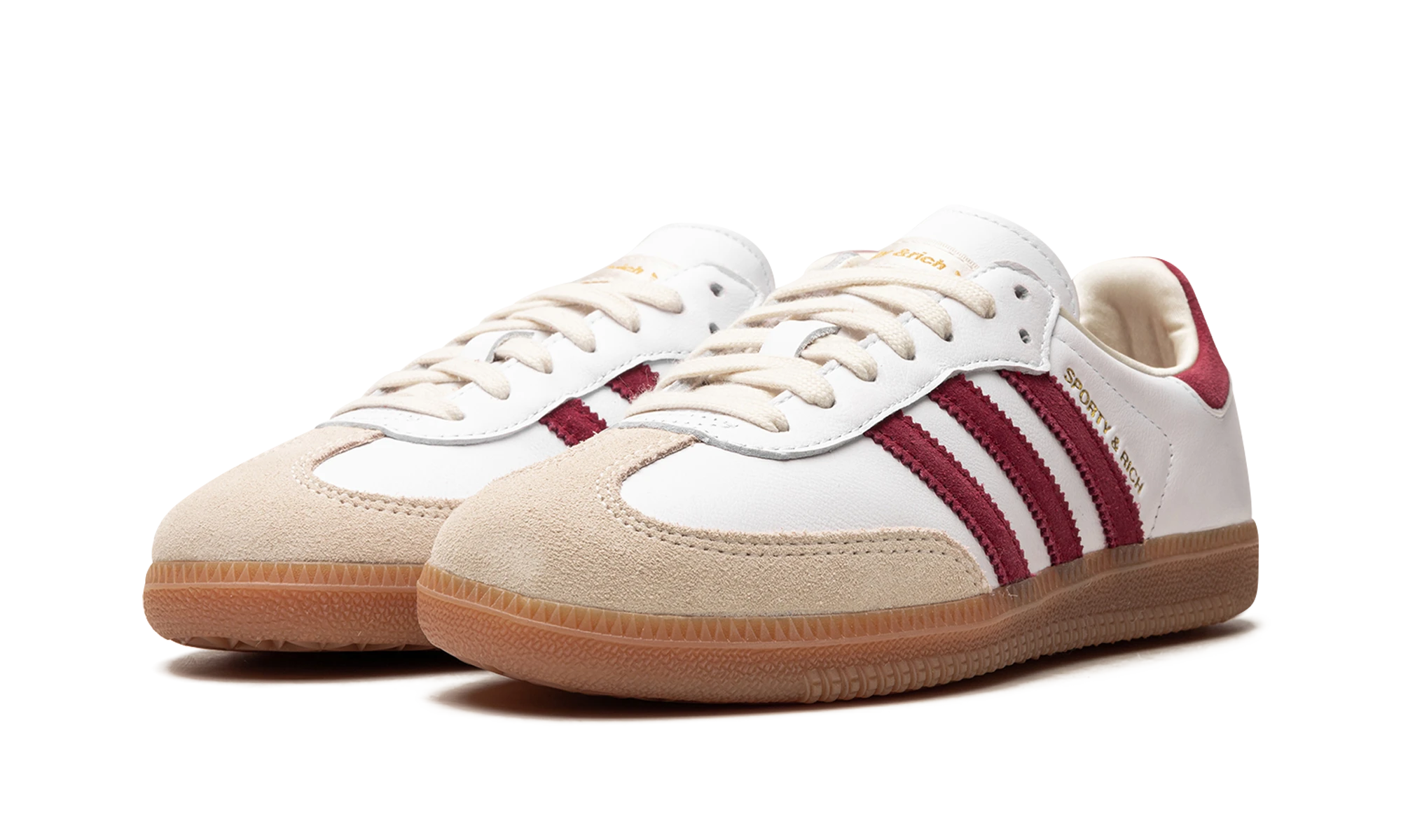 Dettaglio del lato interno della scarpa Adidas Samba Sporty & Rich White Collegiate Burgundy (IF5660) blanc, marron et beige.
