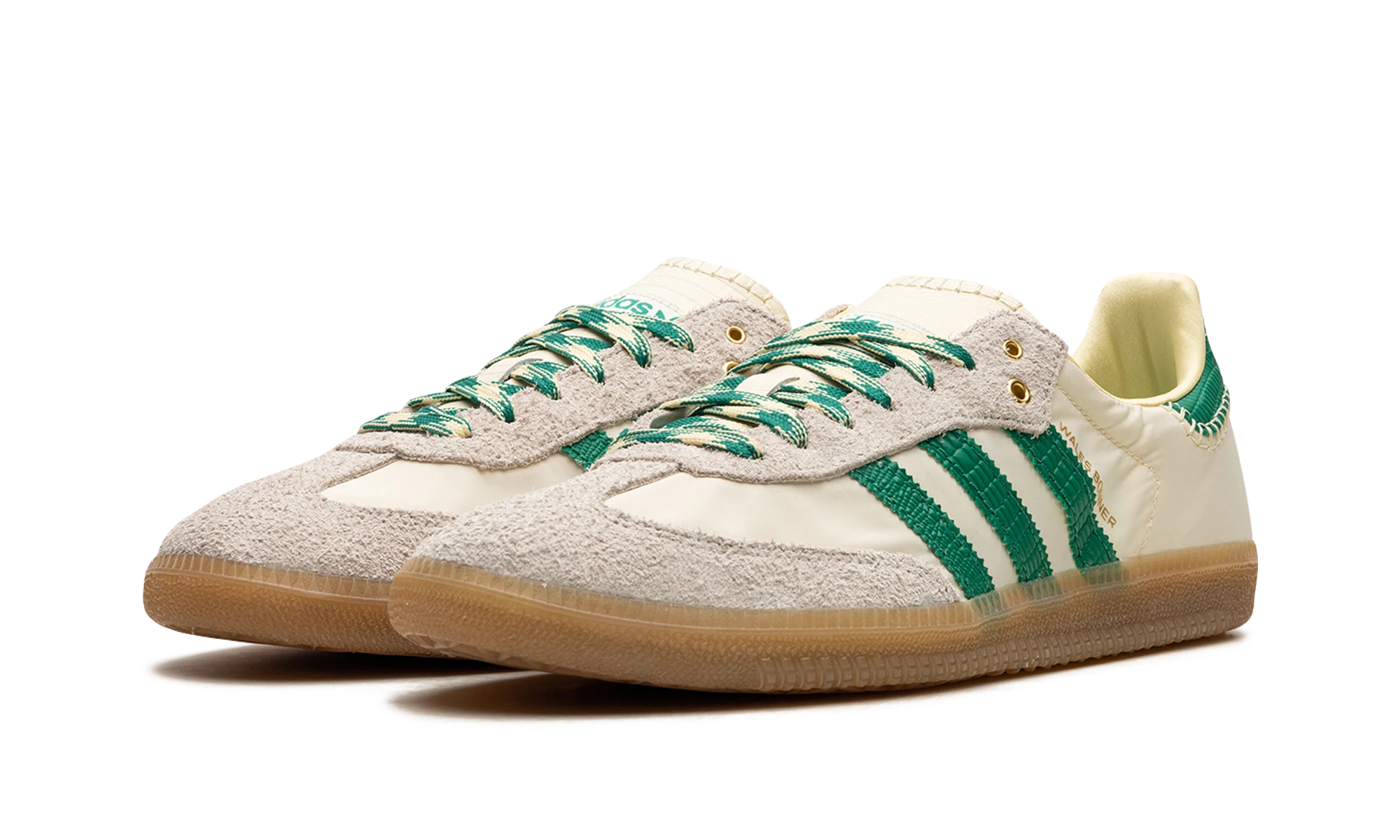 Dettaglio del lato interno della scarpa Adidas Samba Wales Bonner Cream Green (GY4344) beige, vert et marron.