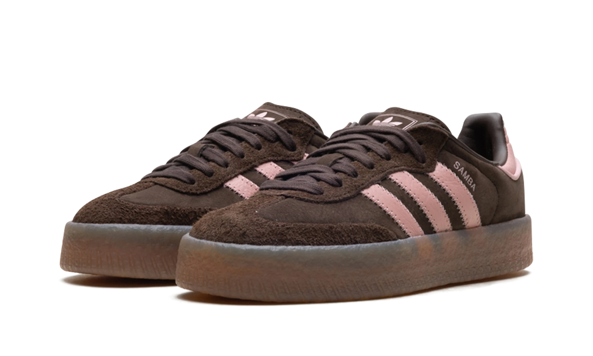 Detail of the inner side of the sneaker Adidas Sambae Dark Brown Wonder Mauve (JI2744) noir, marron et rose.