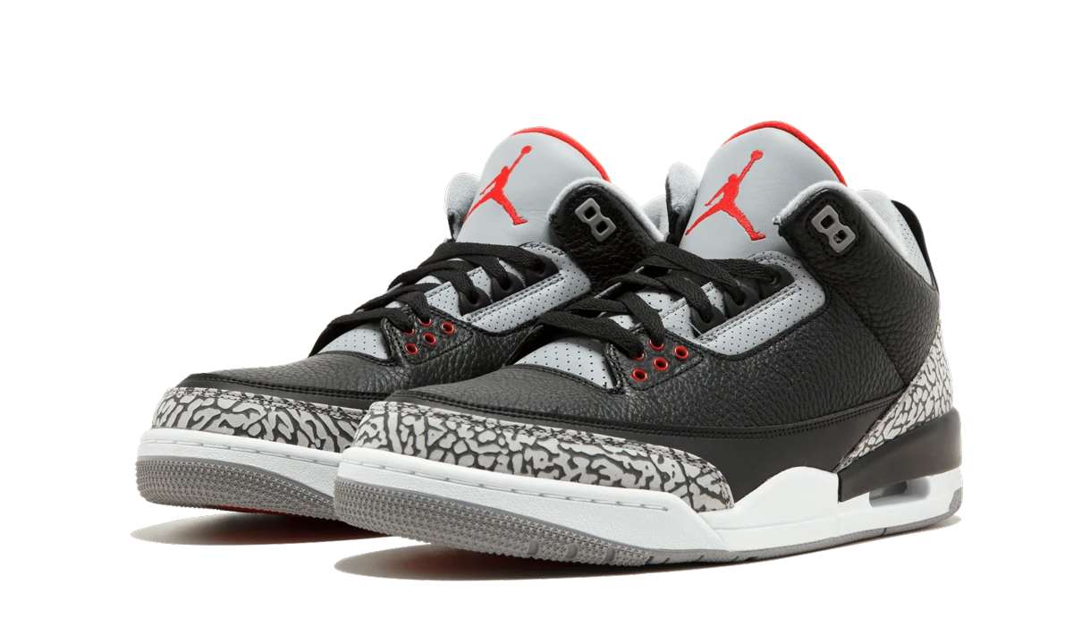 Detail of the inner side of the sneaker Air Jordan Jordan 3 Retro Black Cement (854262-001) noir, rouge et gris.