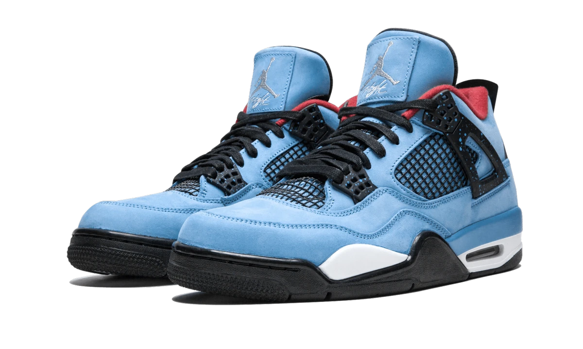Detail of the inner side of the sneaker Air Jordan Jordan 4 Retro Travis Scott Cactus Jack (308497-406) bleu, noir et rouge.