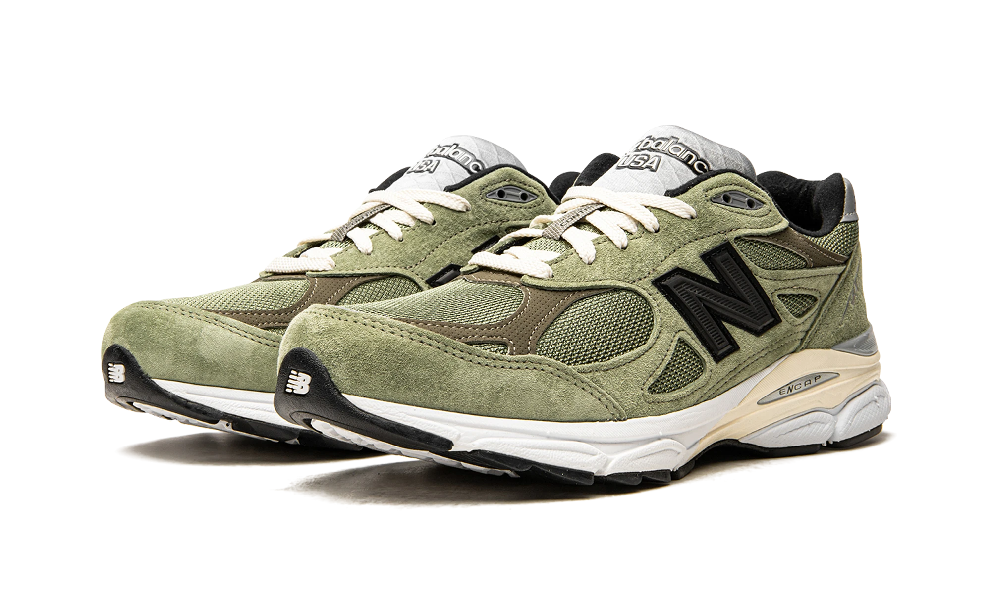 Detail van de binnenkant van de sneaker New Balance 990v3 MiUSA JJJJound Olive (M990JD3) vert, gris et blanc.