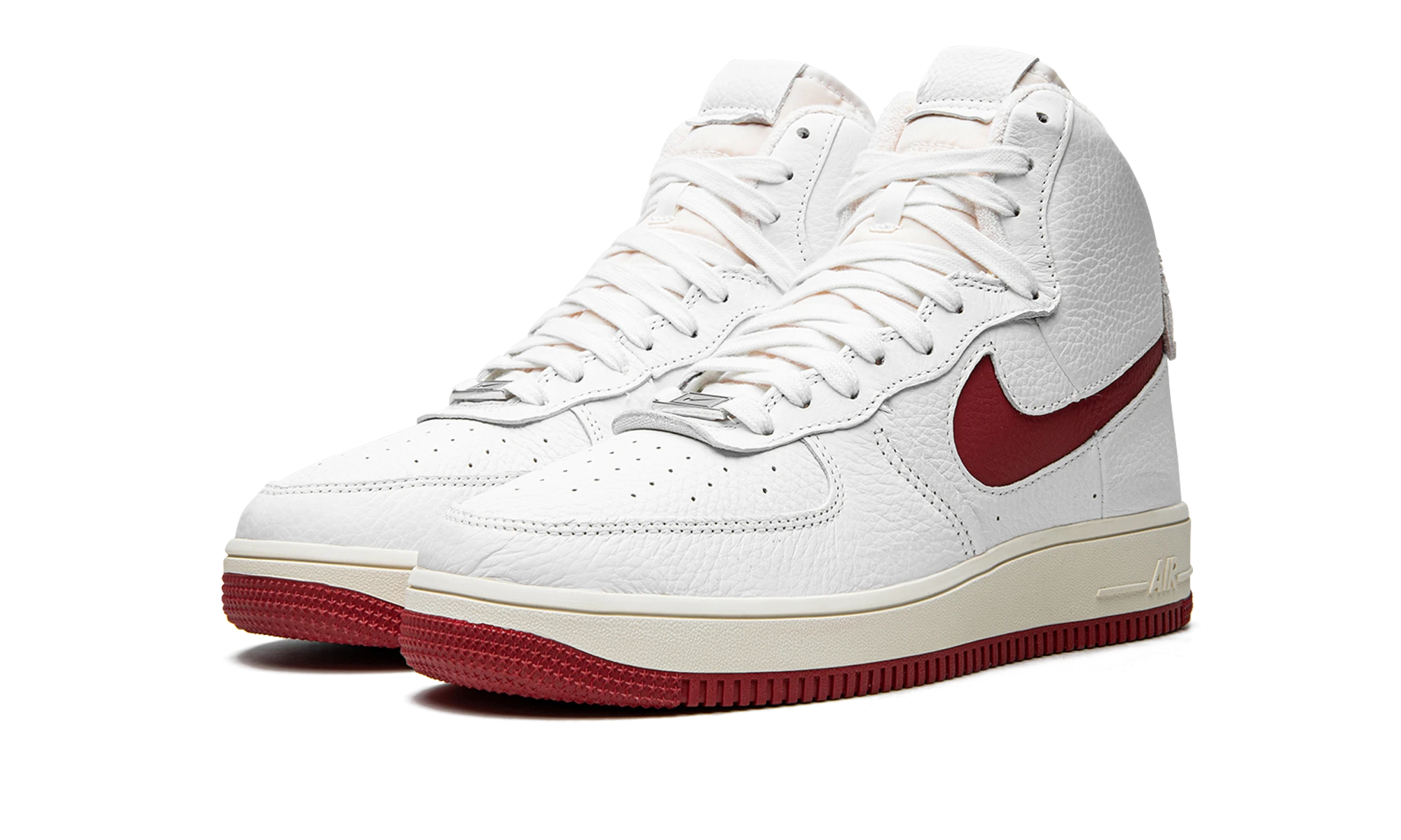 Detail of the inner side of the sneaker Nike Air Force 1 High Sculpt Summit White Gym Red (DC3590-100) blanc et rouge.