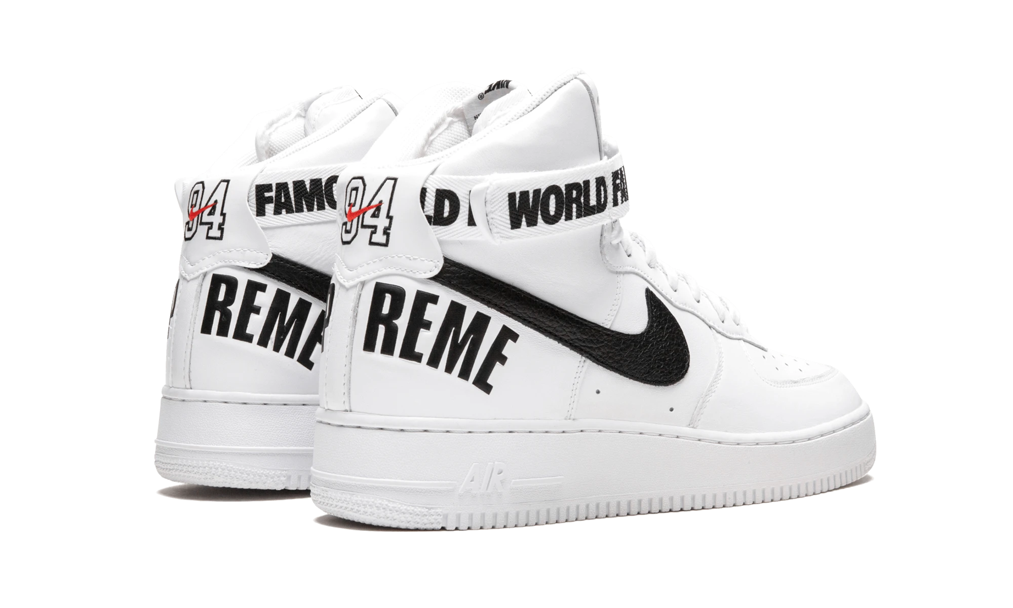Pair of sneakers Nike Air Force 1 High Supreme World Famous White (698696-100) brand new and authentic with original box.