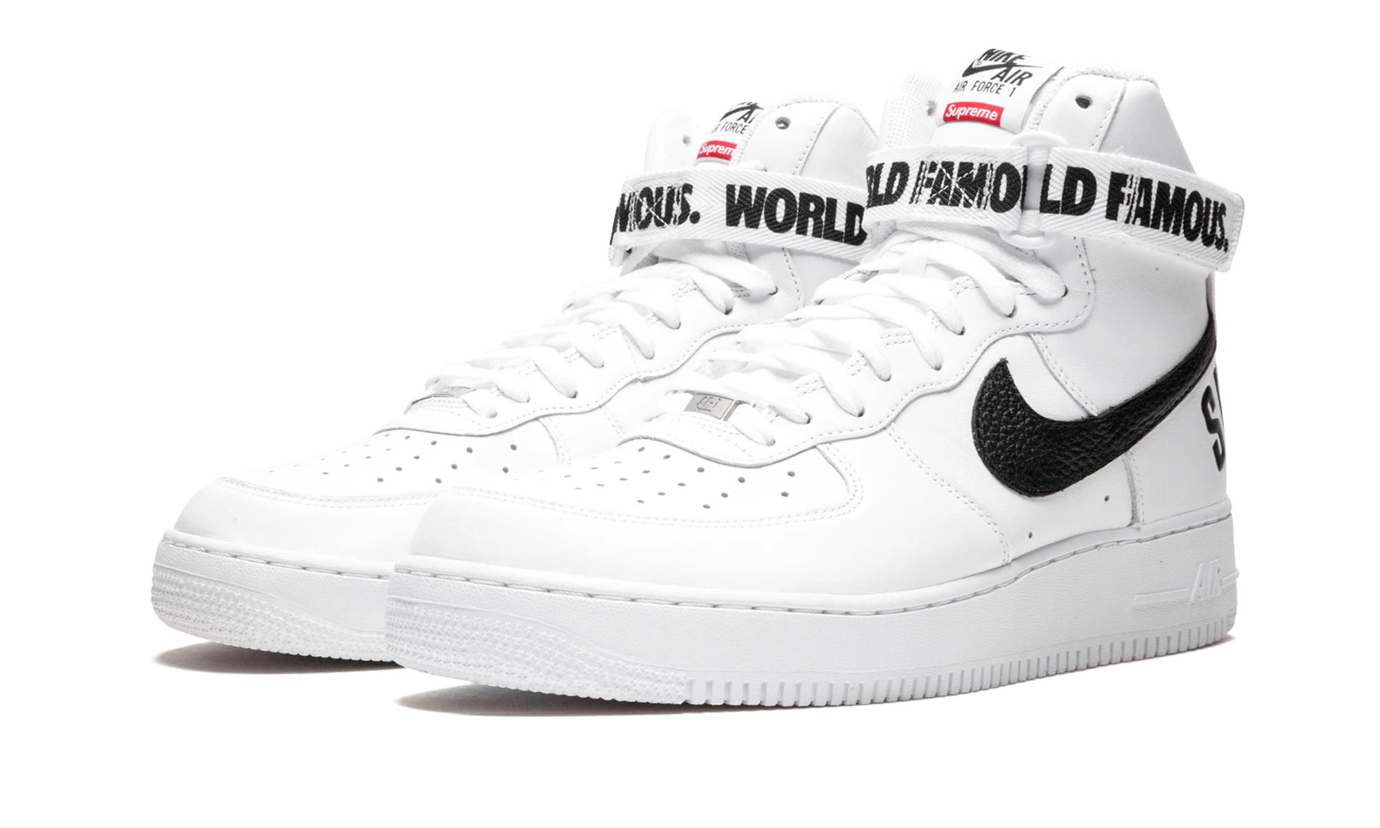 Nike Air Force 1 High "Supreme World Famous White" (698696-100), orijinal kutusuyla eşleştirin. Fransa, Belçika, Lüksemburg, İsviçre ve Monako'daki MNR Spor Ayakkabılarında mevcuttur, ücretsiz teslimat.