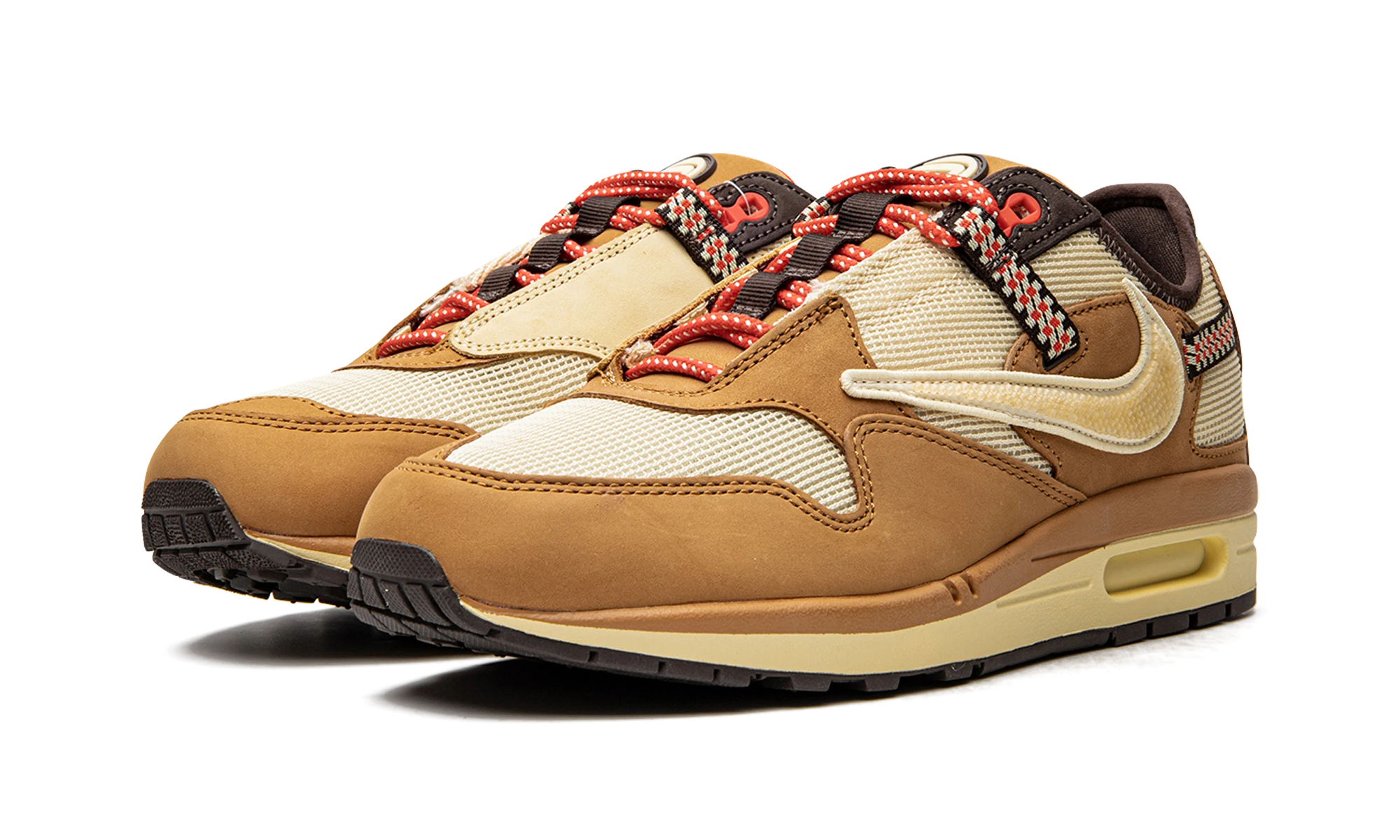 Detail of the inner side of the sneaker Nike Air Max 1 Travis Scott Cactus Jack Wheat Lemon Drop (DO9392-701) beige et marron.