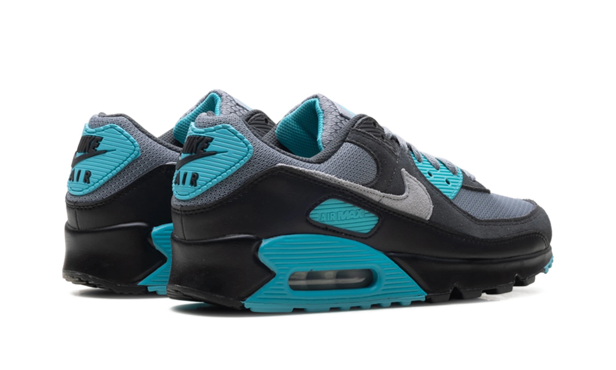 Vue arrière de la paire de sneakers Nike Air Max 90 Cool Grey Dusty Cactus Black Wolf Grey neuve et authentique.