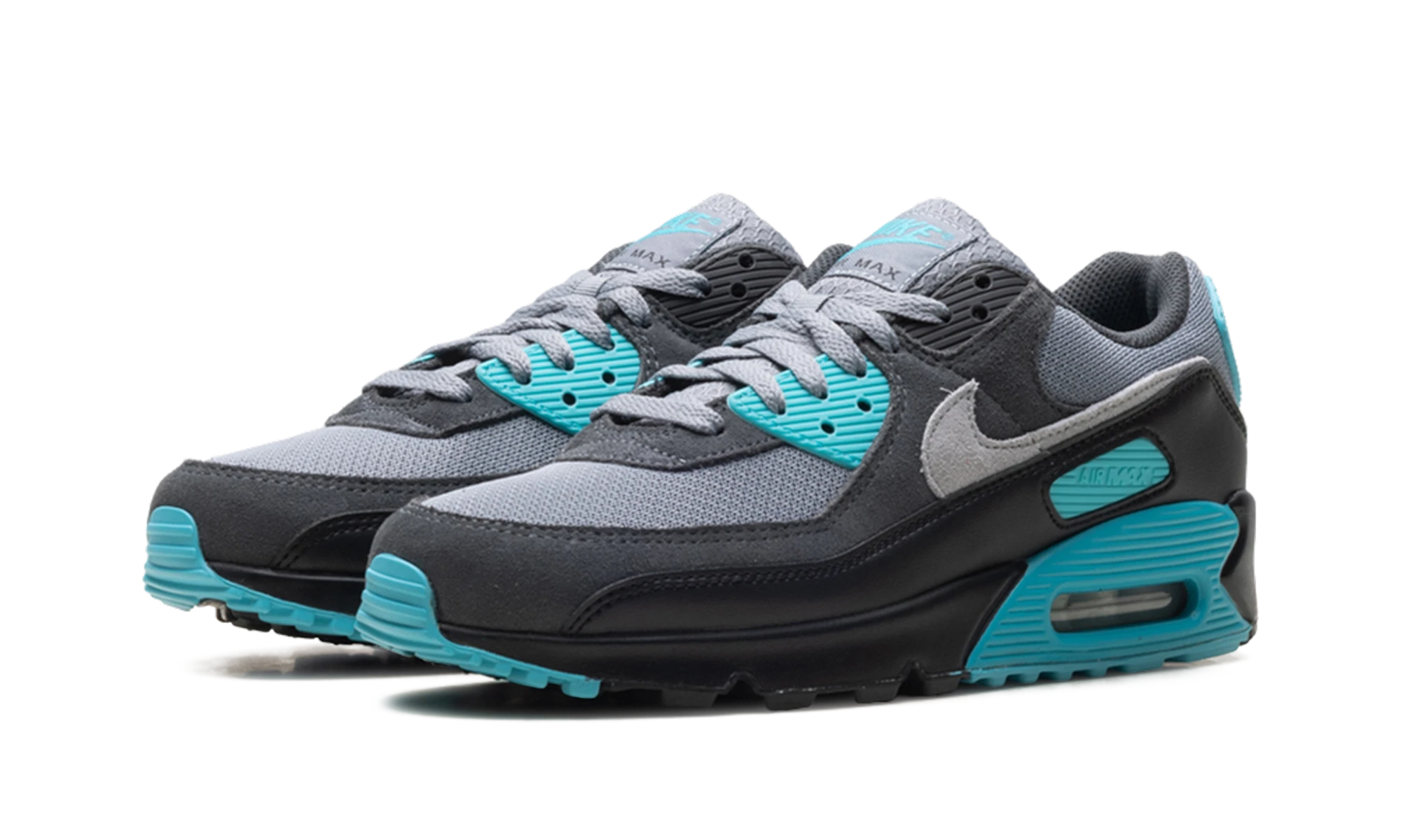 Vue de face de la paire de sneakers Nike Air Max 90 Cool Grey Dusty Cactus Black Wolf Grey multicolore.