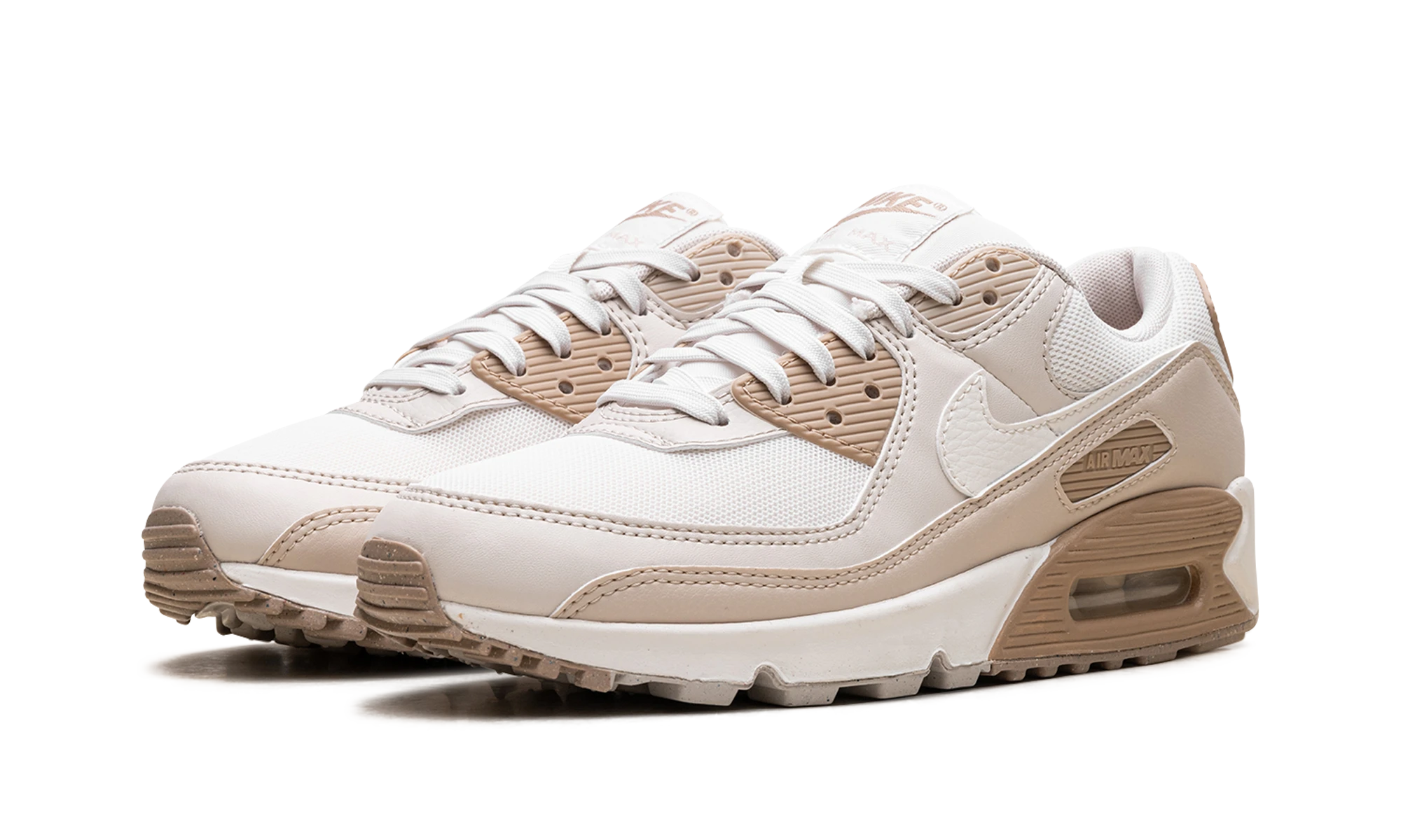 Detail of the inner side of the sneaker Nike Air Max 90 Phantom Light Orewood Brown (DH8010-004) noir, marron et beige.