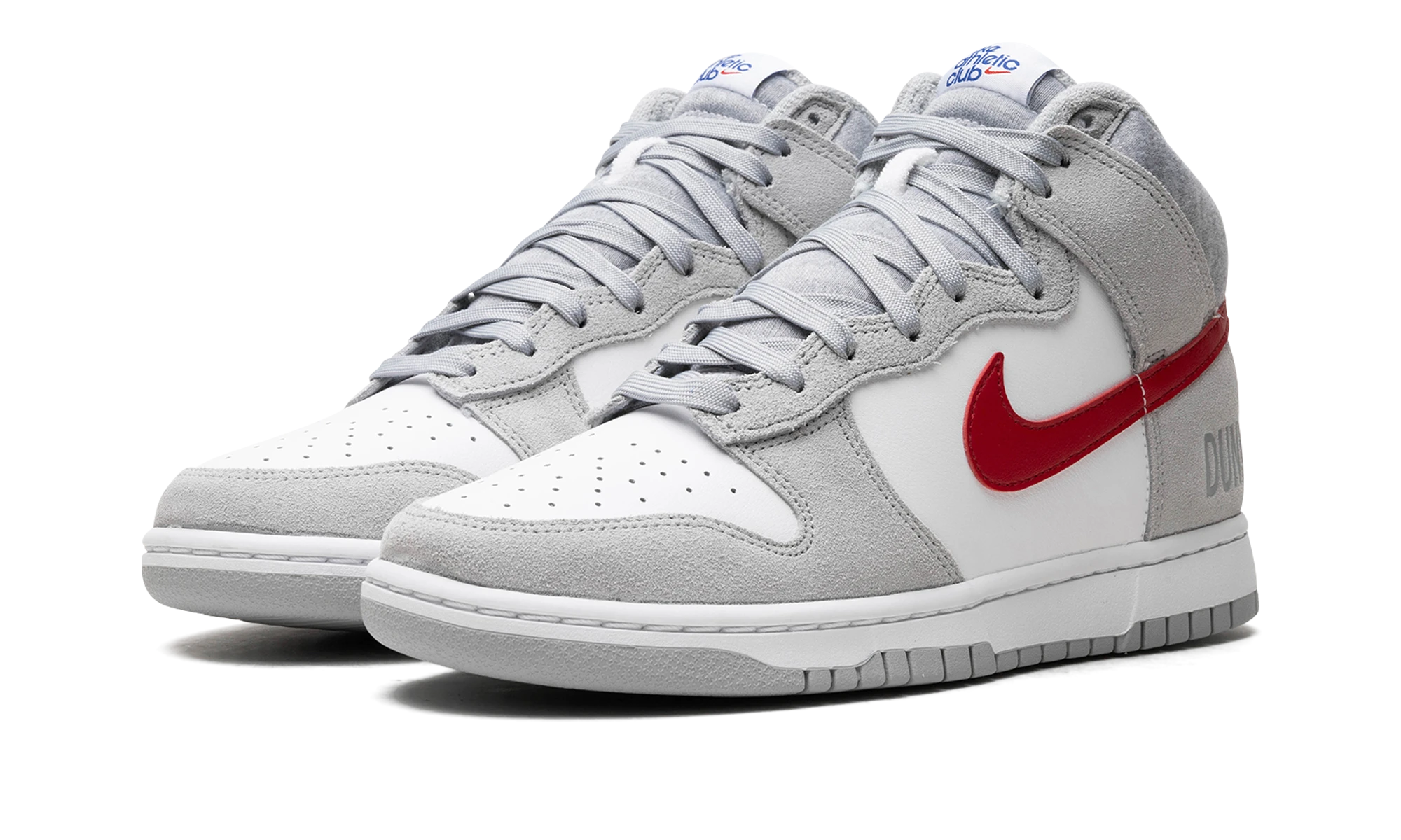 Detail of the inner side of the sneaker Nike Dunk High Light Smoke Grey Gym Red (DJ6152-001) gris, rouge et blanc.