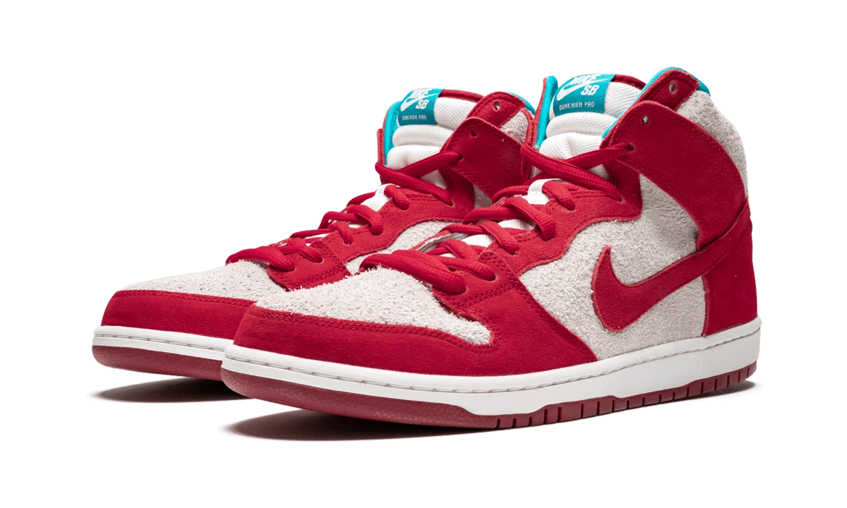 Detalhe do lado interior da sapatilha Nike SB Dunk High Dr. Seuss (305050-661) rouge et blanc.