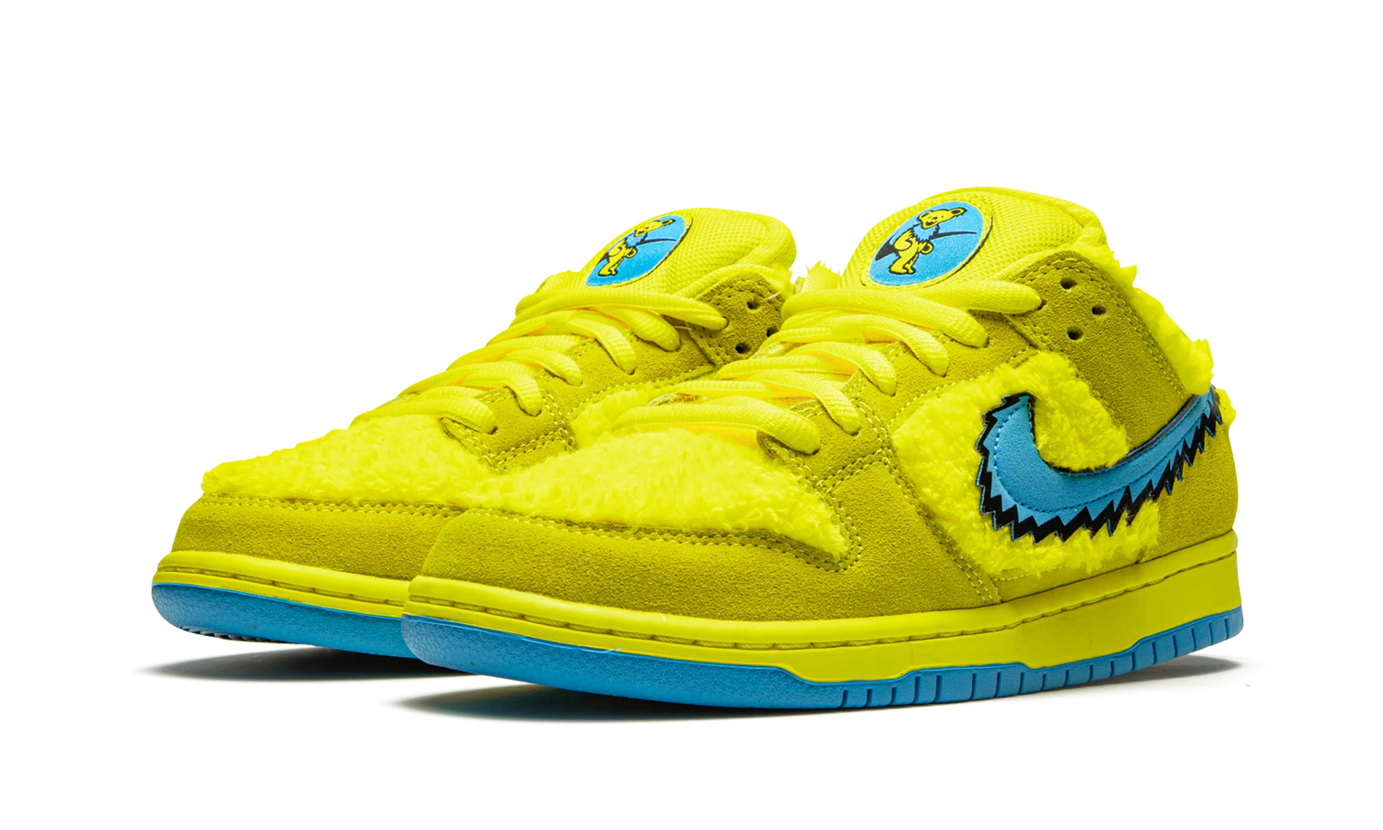 Detail of the inner side of the sneaker Nike SB Dunk Low Grateful Dead Bears Opti Yellow (CJ5378-700) jaune et bleu.