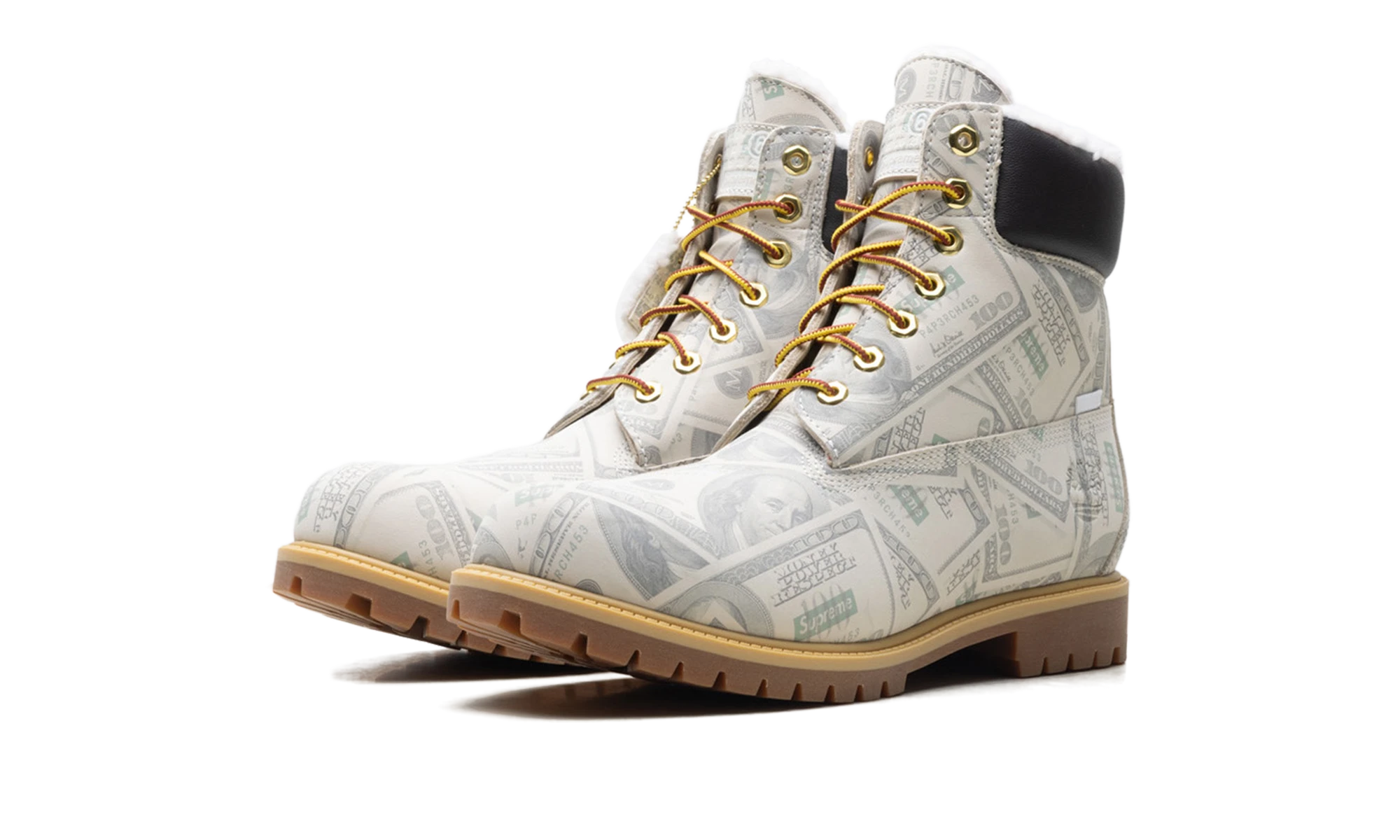 Vue de face de la paire de bottes Timberland 6 Premium Waterproof Boot Supreme x MM6 Maison Margiela $100 Bills vert et marron.