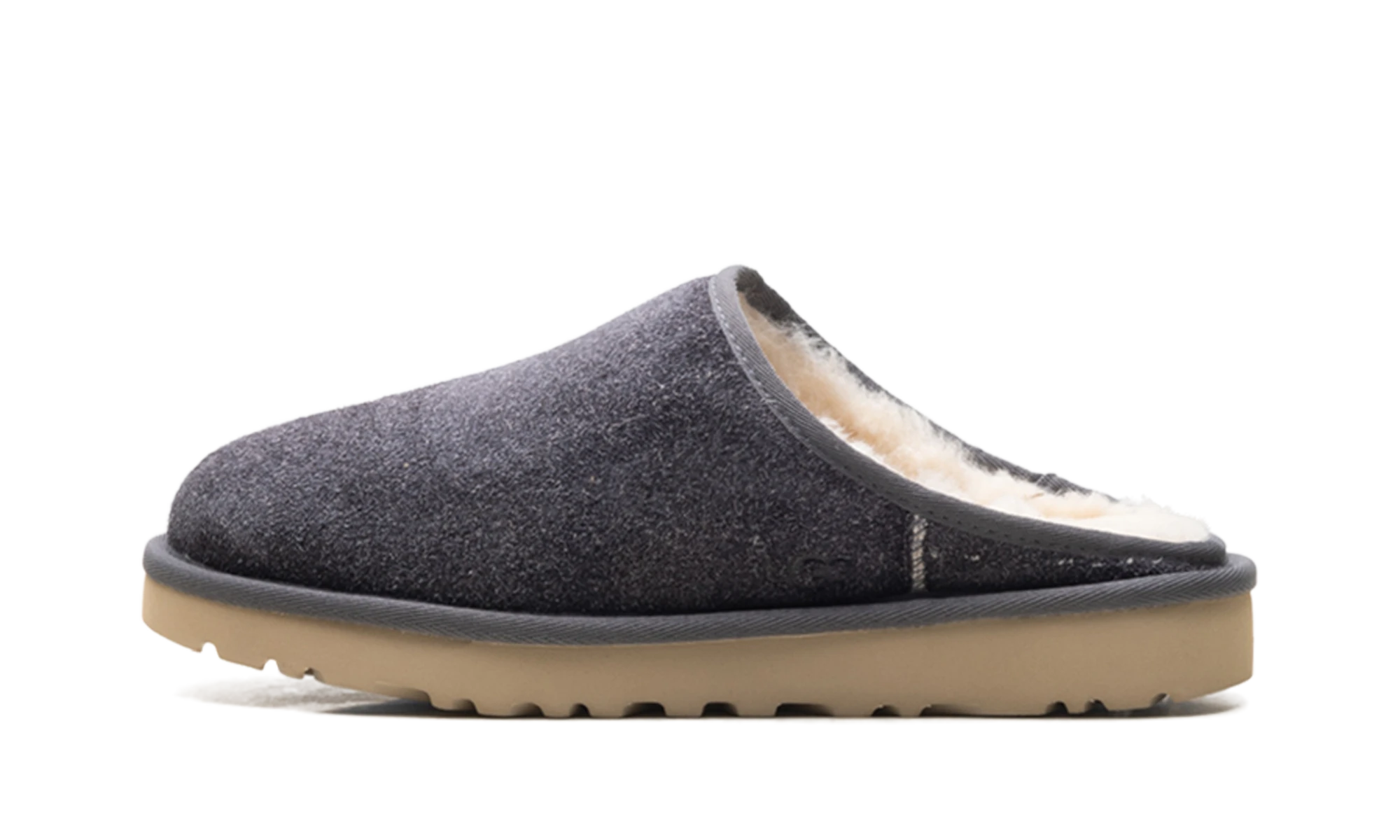 Slipper UGG Classic Slip-On Shaggy Suede Slipper Dark Grey in leather grey, available in Europe — outer profile view.